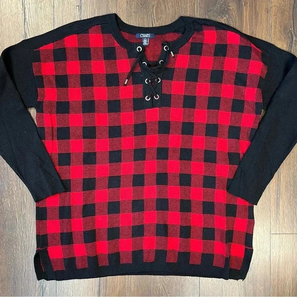 Chaps lace up checkered sweater SZ LG - Picture 1 of 4
